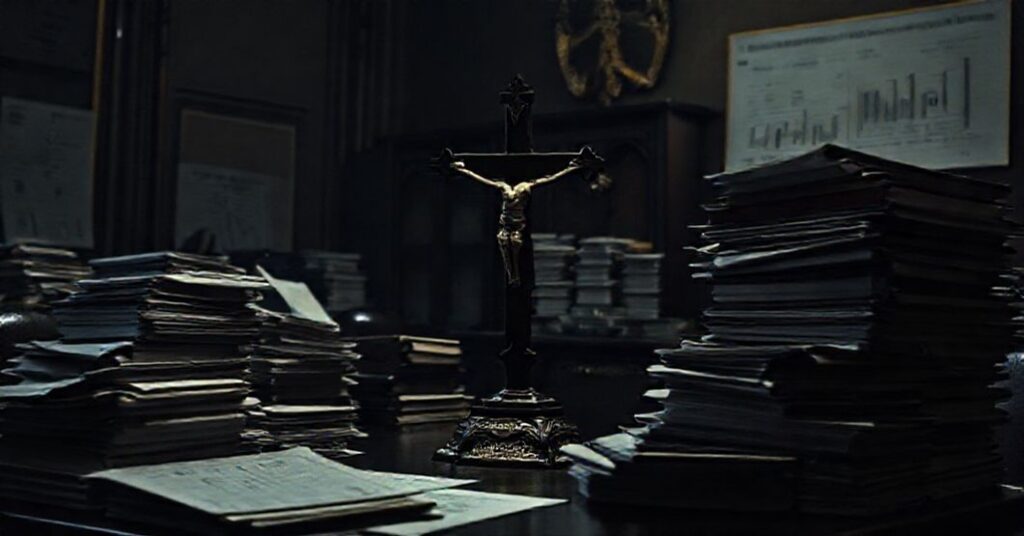 Zdjęcie przedstawiające watykański biuro finansowe z dokumentami i wykresami w tle, symbolizujące materialistyczne podejście do Kościoła katolickiego.