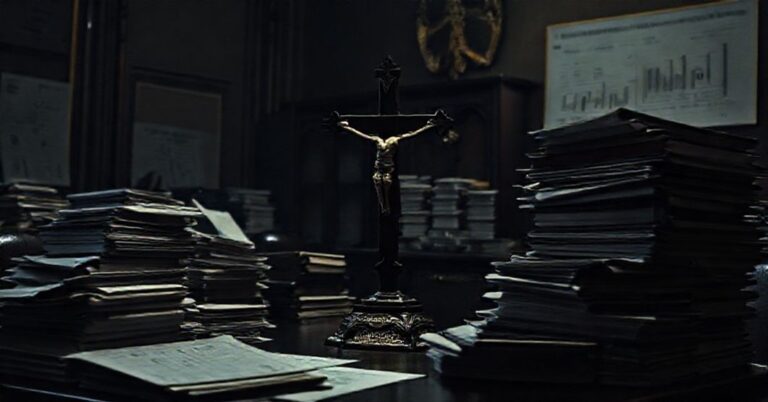 Zdjęcie przedstawiające watykański biuro finansowe z dokumentami i wykresami w tle, symbolizujące materialistyczne podejście do Kościoła katolickiego.