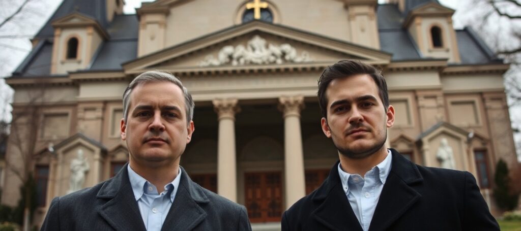Mateusz i Jakub Trojanowie przed Najwyższym Sądem Administracyjnym z kościołem katolickim na tle. Scena odzwierciedla walkę między prawem naturalnym a decyzjami państwa świeckiego.