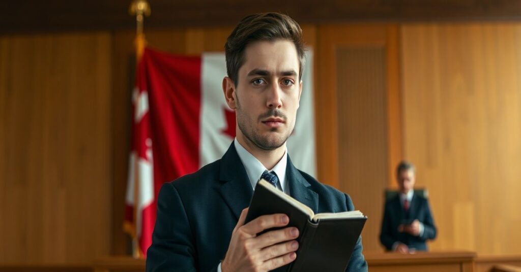 Portret Mathieu Lemaya, młodego kanadyjskiego urzędnika w tradycyjnym stroju, stojącego w sądzie z Biblią w ręku.