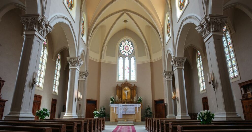 Matka Angelica w tradycyjnym habitie klarysek leży na łóżku szpitalnym. Ksiądz Joseph Mary Wolfe dotyka jej ust do rany bocznej Chrystusa na krzyżu.