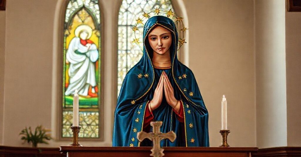 Tradycyjny katolicki obraz Matki Boskiej w kaplicy z witrażem przedstawiającym Zwiastowanie