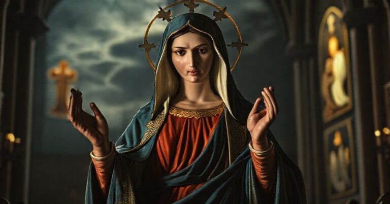 Obraz Matki Bożej w tradycyjnej ikonografii katolickiej z wyraźnym akcentem na sprawiedliwość Bożą i łaskę uświęcającą.