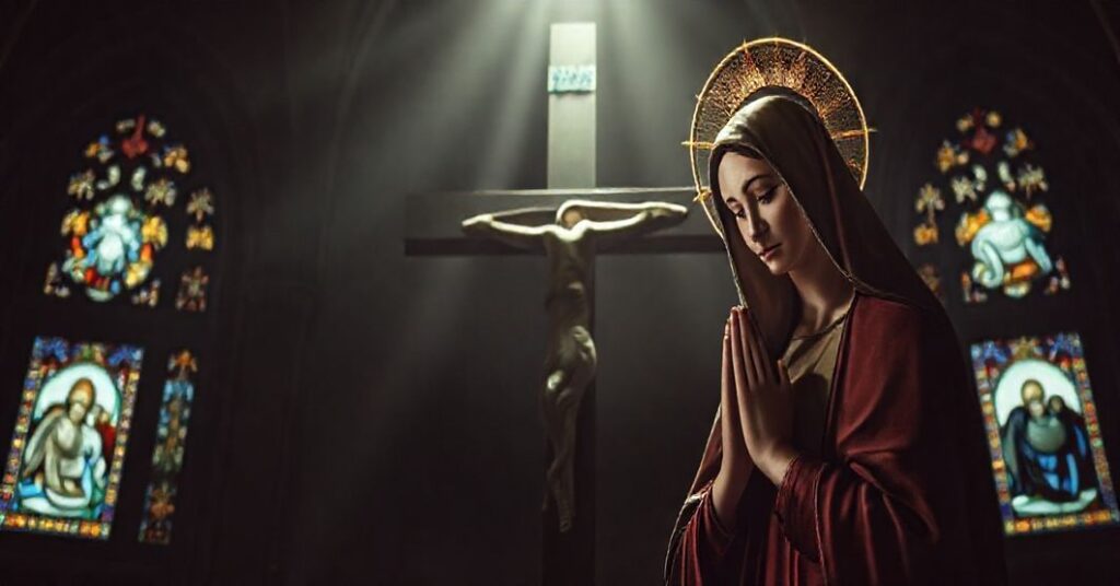 Tradycyjny katolicki obraz Matki Bożej Bolesnej z nimbem, modlącej się u stóp krzyża Chrystusa w gotyckiej kaplicy z witrażami.
