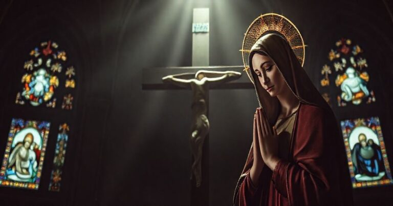 Tradycyjny katolicki obraz Matki Bożej Bolesnej z nimbem, modlącej się u stóp krzyża Chrystusa w gotyckiej kaplicy z witrażami.