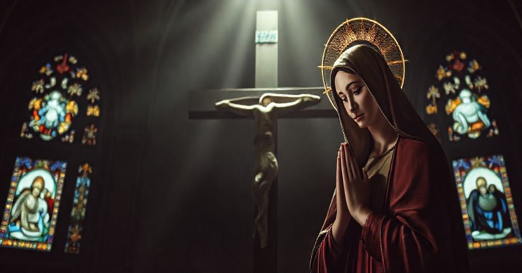 Tradycyjny katolicki obraz Matki Bożej Bolesnej z nimbem, modlącej się u stóp krzyża Chrystusa w gotyckiej kaplicy z witrażami.