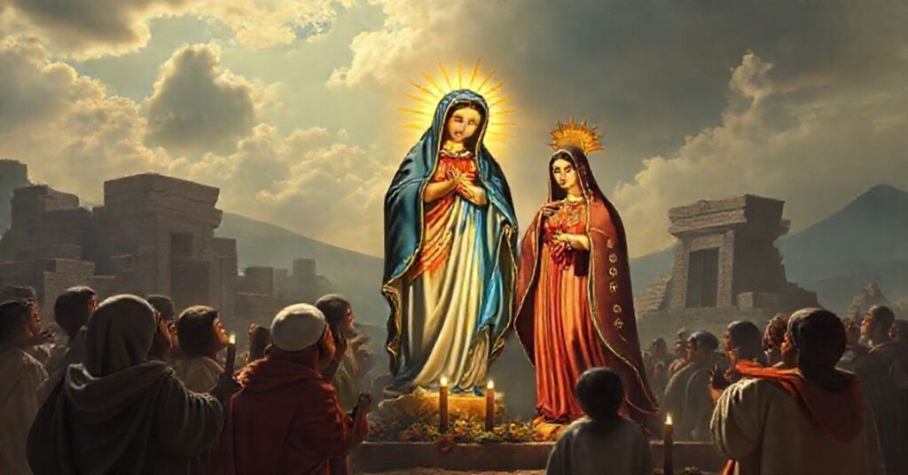 Przedstawienie Matki Boskiej z Guadalupe ukazującej się św. Janowi Diegom z cudownym wizerunkiem na jego tilmie, otoczony nawróconymi Aztekami i ruinami pogańskich świątyń.