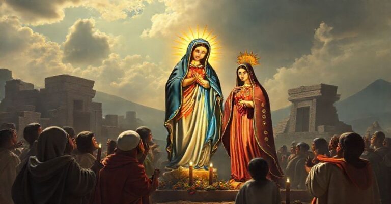 Przedstawienie Matki Boskiej z Guadalupe ukazującej się św. Janowi Diegom z cudownym wizerunkiem na jego tilmie, otoczony nawróconymi Aztekami i ruinami pogańskich świątyń.