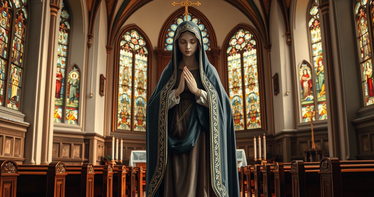 Obraz Matki Bożej Bolesnej w tradycyjnym katolickim stylu, w kościele, z powagą i głębią duchową, odzwierciedlający tradycyjne nauki sedevacantistyczne