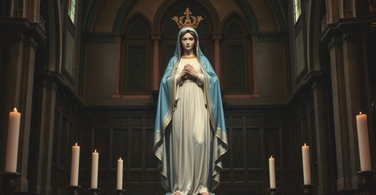 Religijne, poważne ujęcie statuy Matki Bożej w tradycyjnym kościelnym otoczeniu, oddające szacunek i pobożność z katolickiego punktu widzenia.