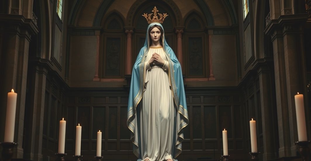 Sentymentalne ujęcie Matki Bożej w tradycyjnym kościele Religijne, poważne ujęcie statuy Matki Bożej w tradycyjnym kościelnym otoczeniu, oddające szacunek i pobożność z katolickiego punktu widzenia.