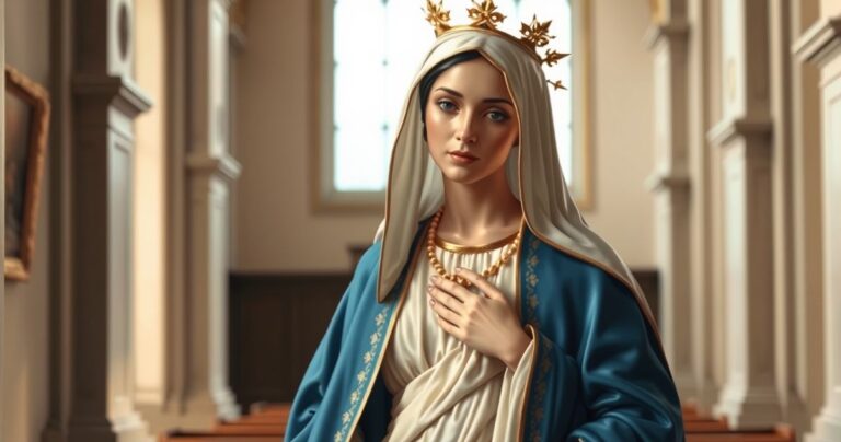 Obraz Matki Bożej w tradycyjnej katolickiej ikonografii, z szacunkiem i powagą, w sakralnym wnętrzu kościoła