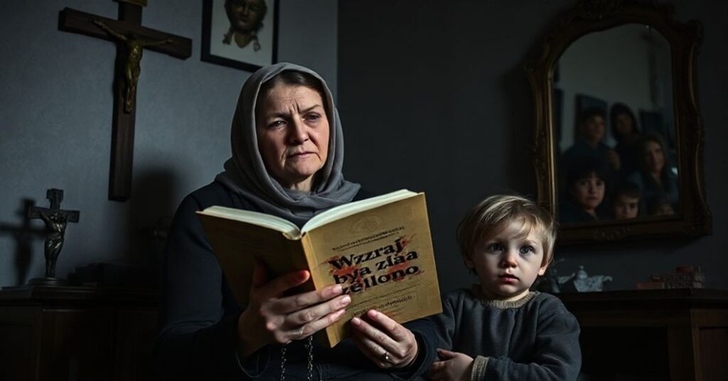 Scena przedstawiająca matkę i dziecko w tradycyjnym katolickim wnętrzu z elementami krytyki modernistycznej deformacji macierzyństwa