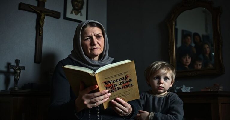 Scena przedstawiająca matkę i dziecko w tradycyjnym katolickim wnętrzu z elementami krytyki modernistycznej deformacji macierzyństwa