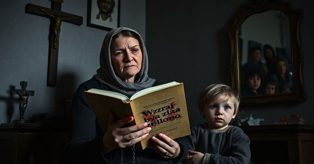 Scena przedstawiająca matkę i dziecko w tradycyjnym katolickim wnętrzu z elementami krytyki modernistycznej deformacji macierzyństwa