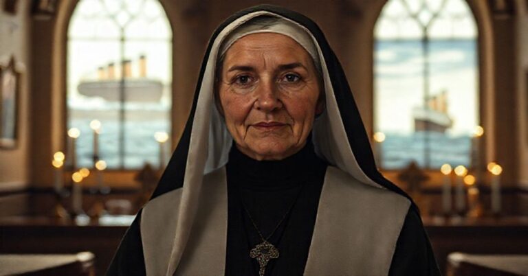 Portret Matki Franciszki Cabrini w tradycyjnym habicie, stojącej w kaplicy z kadzidłami i ikonami religijnymi. Tło przedstawia sylwetkę Titanicu, symbolizując wydarzenie historyczne, którego uniknęła.