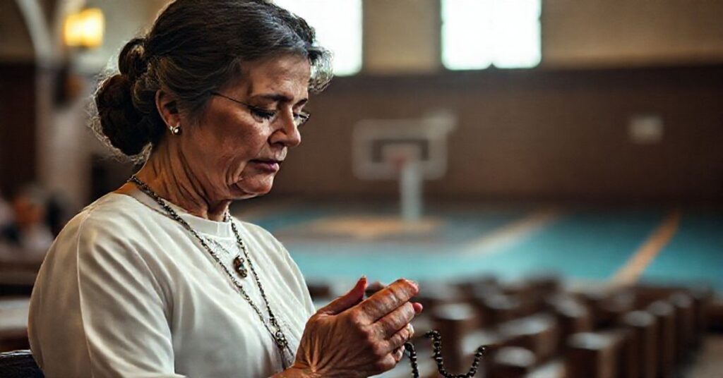 Kobieta i córka modlące się w kościele na tle zniszczenia kobiecego sportu