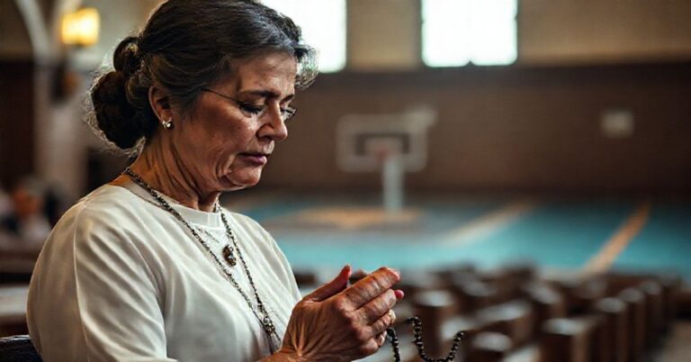 Kobieta i córka modlące się w kościele na tle zniszczenia kobiecego sportu