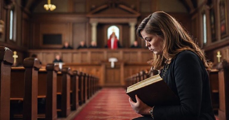 Emily Bickford i jej córka w modlitwie w tradycyjnym kościele katolickim na tle sądu w stanie Maine