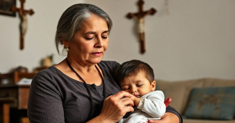 Kobieta katolicka modli się z dzieckiem z autyzmem na rękach w tradycyjnym domowym otoczeniu.