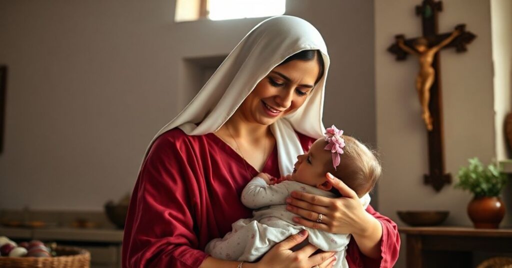 Tradycyjna matka katolicka trzymająca dziecko w spokojnym domu z krzyżem na ścianie.