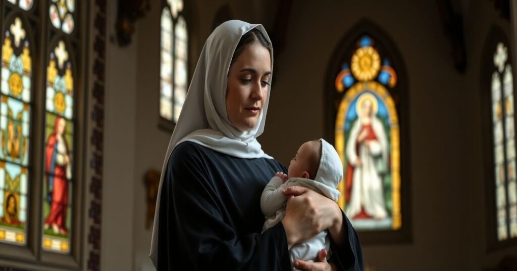 Matka w tradycyjnym stroju katolickim trzymająca dziecko w kościele z witrażami przedstawiającymi Świętą Rodzinę.