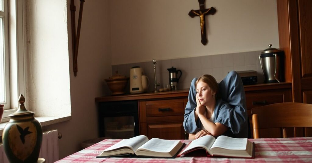 Matka modląca się w kuchni z dzieckiem obok, symbolizując prawdziwą katolicką duchowość w kontrastie z nowoczesnymi praktykami