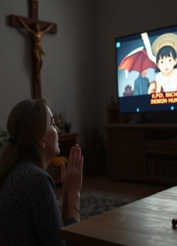 Matka katolicka modli się o ochronę przed demoniczną rozrywką Kobieta katolicka modli się przed krzyżem w ciemnym pokoju z ikonami św. Michała i różańcem na stole obok ekranu wyświetlającego animację KPop Demon Hunters