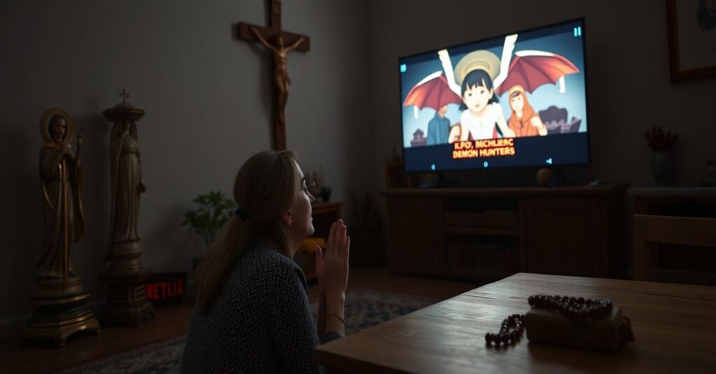 Kobieta katolicka modli się przed krzyżem w ciemnym pokoju z ikonami św. Michała i różańcem na stole obok ekranu wyświetlającego animację KPop Demon Hunters