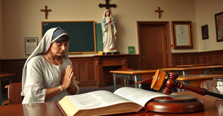 Matka modli się przed figurką Matki Boskiej Fatimskiej w klasie szkolnej z dzieckiem obok. Na tle krzyże i dokument sądowy dotyczący praw rodzicielskich.