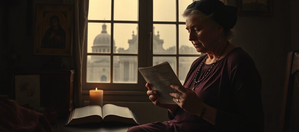 Pogrzebana w modlitwie matka Aleksandra Lyaszczenko przed ikoną Matki Bożej z fotografią córki i dokumentem sądowym