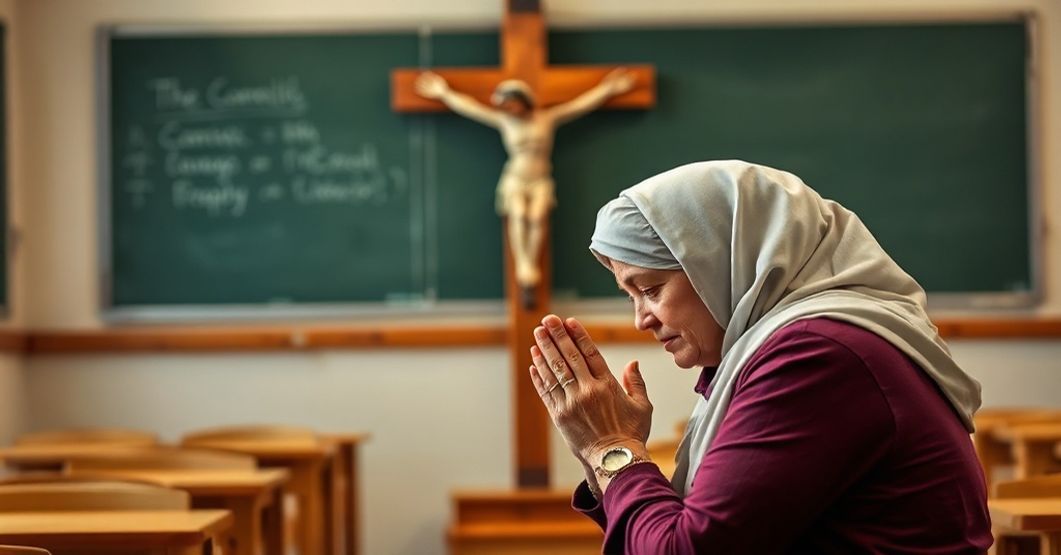 Matka modląca się za prawdziwą katolicką edukację Kobieta modli się przed krzyżem w tradycyjnym kościele z tłem symbolizującym walkę o katolicką edukację