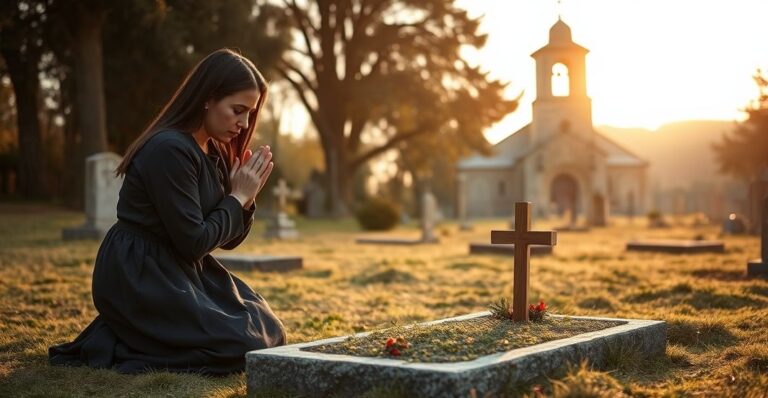 Matka modląca się przy grobie dziecka, podkreślając potrzebę modlitwy i chrztu dla zbawienia duszy