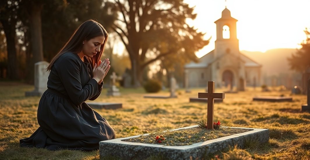 Matka modląca się przy grobie dziecka, podkreślając potrzebę modlitwy i chrztu dla zbawienia duszy