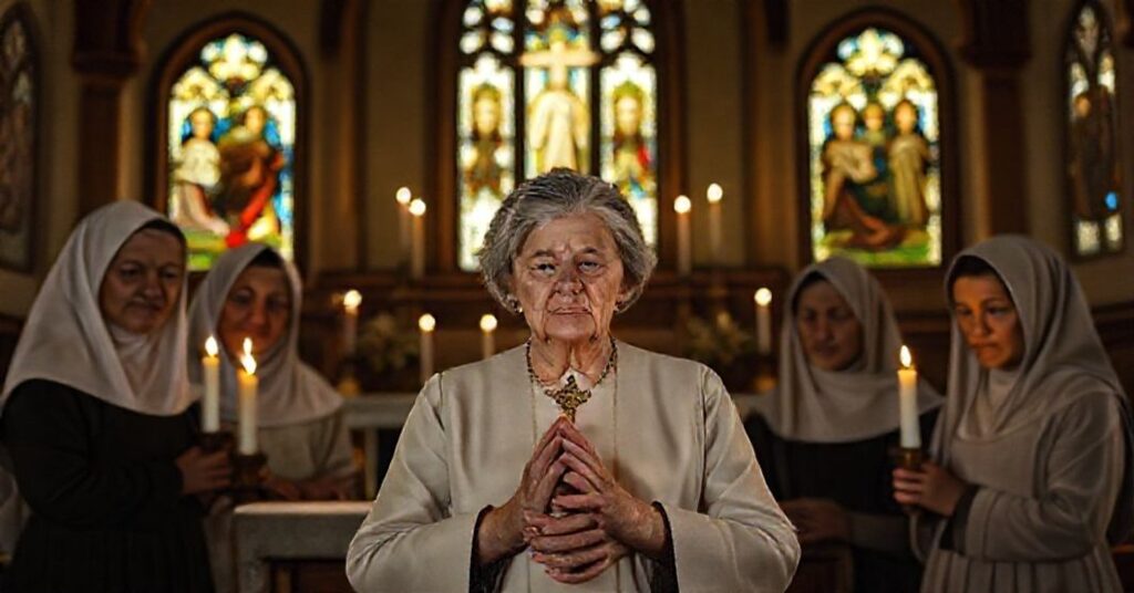 Sobór portret matki Ruth Pakaluk modlącej się w tradycyjnym kościele katolickim z Panią i dziećmi w prostym stroju. Światło świec ilustruje jej pokój i moc wiary.