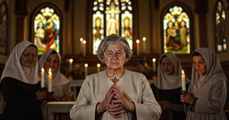Sobór portret matki Ruth Pakaluk modlącej się w tradycyjnym kościele katolickim z Panią i dziećmi w prostym stroju. Światło świec ilustruje jej pokój i moc wiary.
