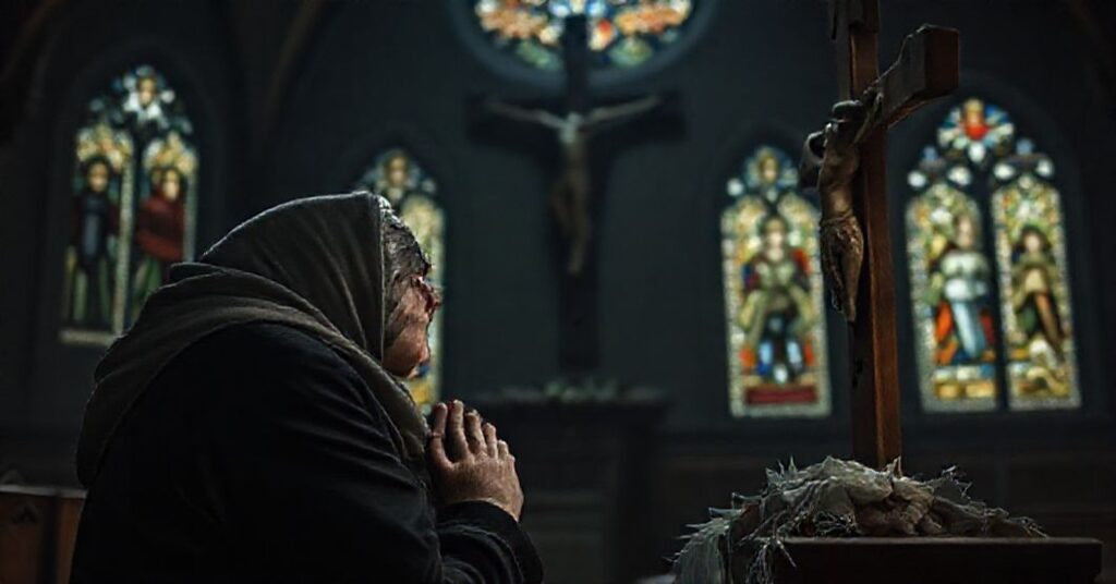 Portret matki Tetiany Wyszniak modlącej się przed krzyżemia w ciemnym wnętrzu kościoła