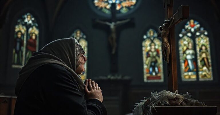 Portret matki Tetiany Wyszniak modlącej się przed krzyżemia w ciemnym wnętrzu kościoła