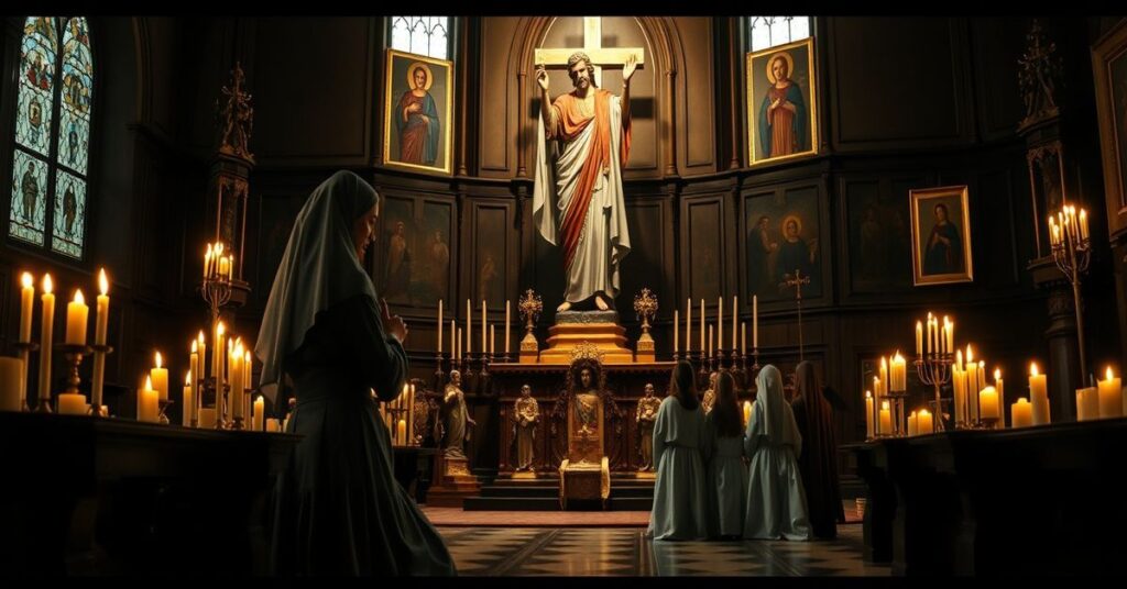 Kobieta modli się w kościele przed figurą Chrystusa Króla z trzema dziećmi w tle