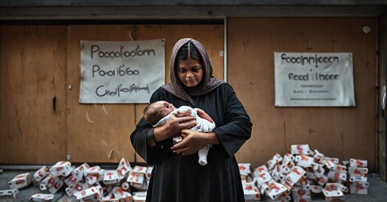 Kobieta katolicka trzymająca dziecko przed zamkniętym ośrodkiem pomocy ciążowym w Nowym Jorku, symbolizującą konflikt między materializmem a duchowością.