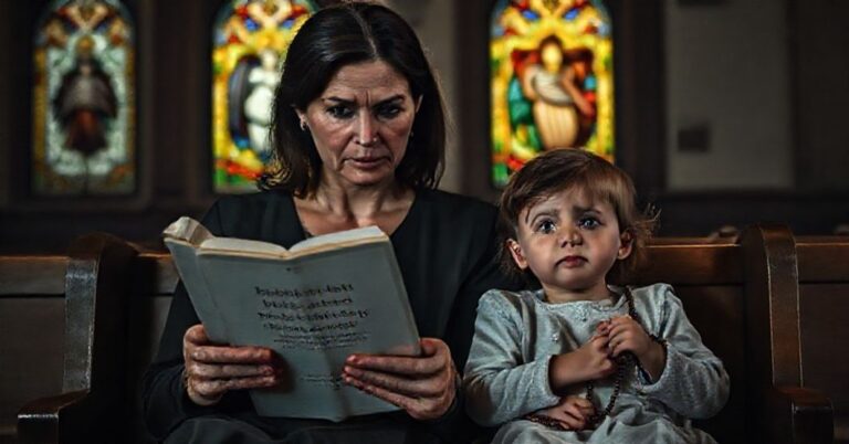 Matka z dzieckiem w kościele trzyma raport o pornografii dla dzieci