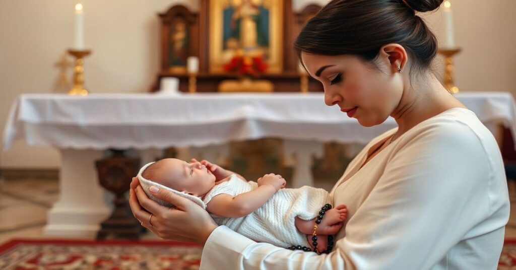 Matka trzymająca niemowlęta podczas modlitwy różańcowej w tradycyjnym kościele katolickim