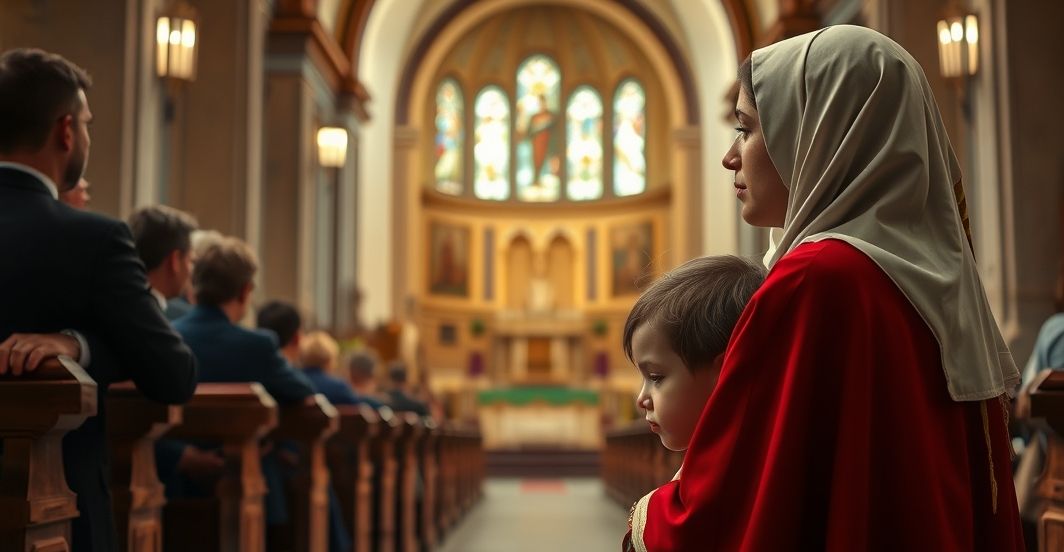 Reverent matka z dzieckiem w kościele, symbolizująca autorytet rodziny nad państwem, w kontekście krytyki sekularyzmu i edukacji bez Boga