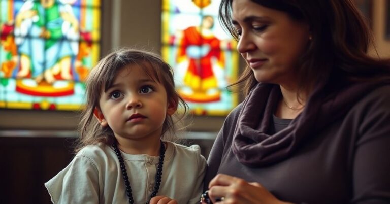 Matka modli się z córką autystyczną, trzymając różaniec przy witrażu kościelnym