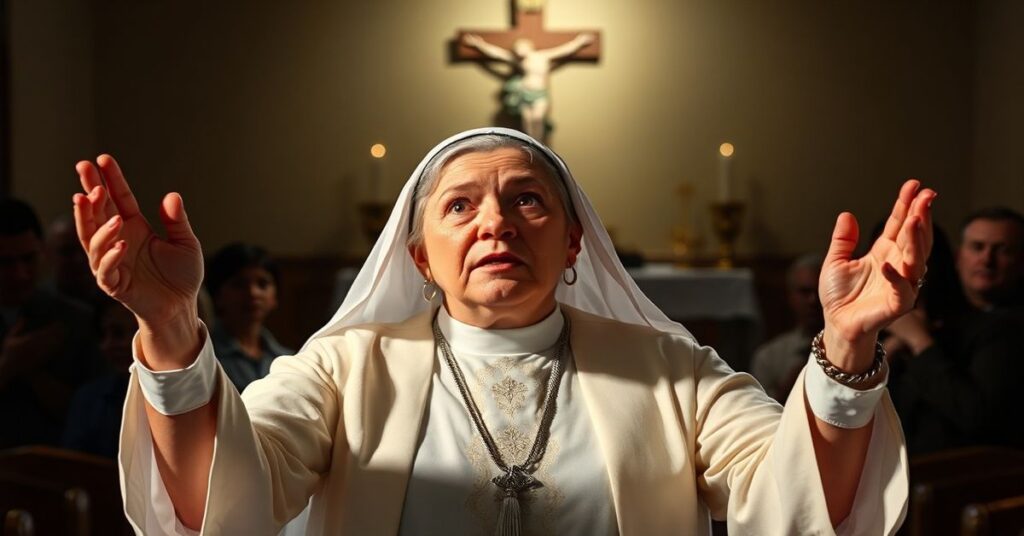 Portret Matki Angeliki mówiącej do grupy wiernych w kaplicy z ołtarzem bez Hostii