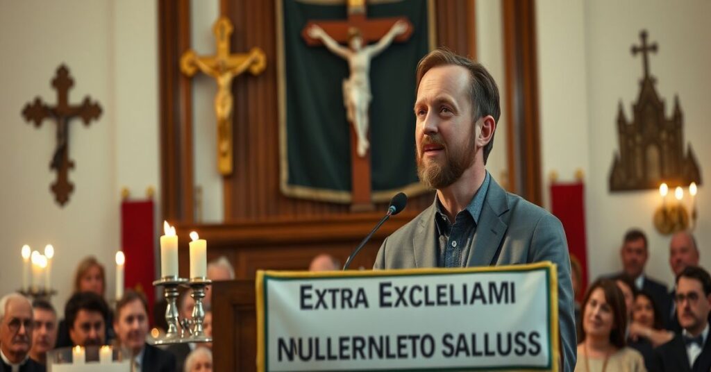 Portret Matta Walsha na gali "Catholics for Catholics" w Waszyngtonie przed tradycyjnymi katolickimi symbolami