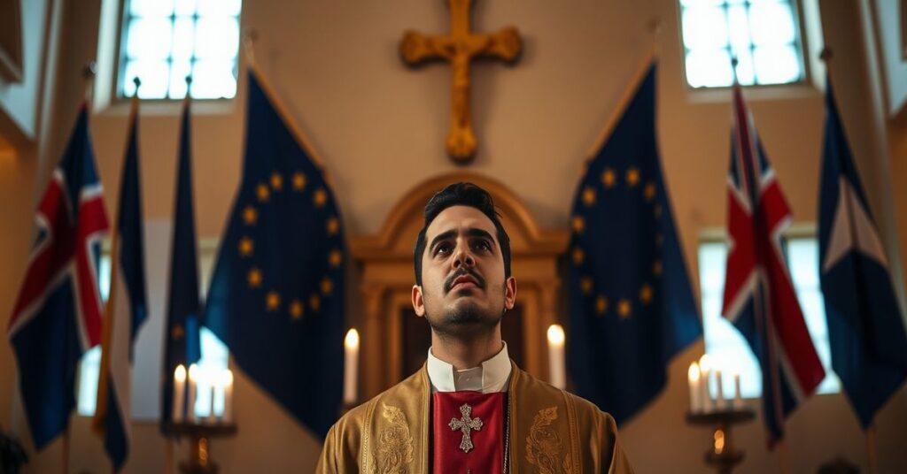 Matthew Grech stoi przed katolickim kościołem, symbolizując walczącą wiarę chrześcijańską w obliczu świeckiej inkwizycji.