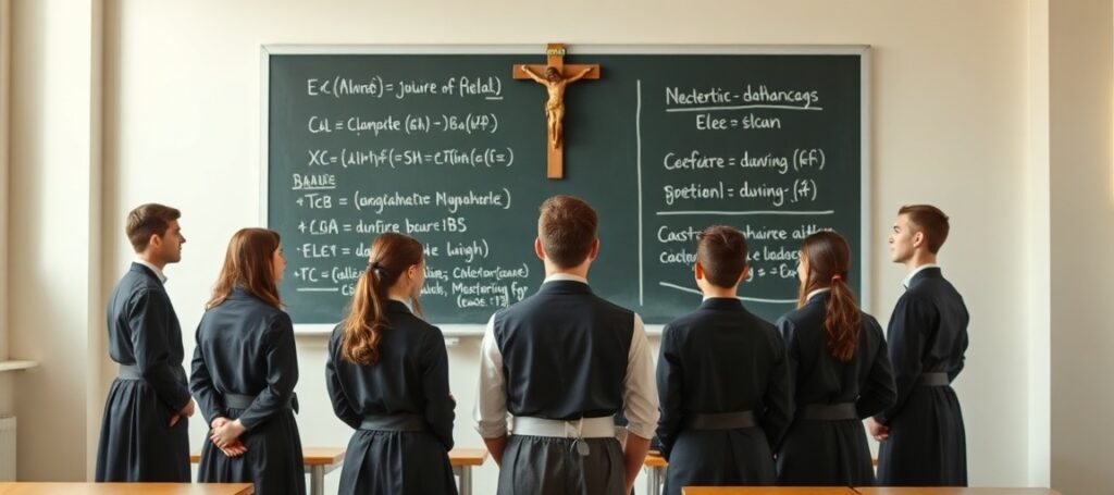 Grupa młodych ludzi w tradycyjnych strojach katolickich stoi przed pustą klasą z tablicą pełną formuł fizycznych i zwrotów w języku hiszpańskim. Na ścianie wiszący krzyż symbolizuje obecność Boga w edukacji.