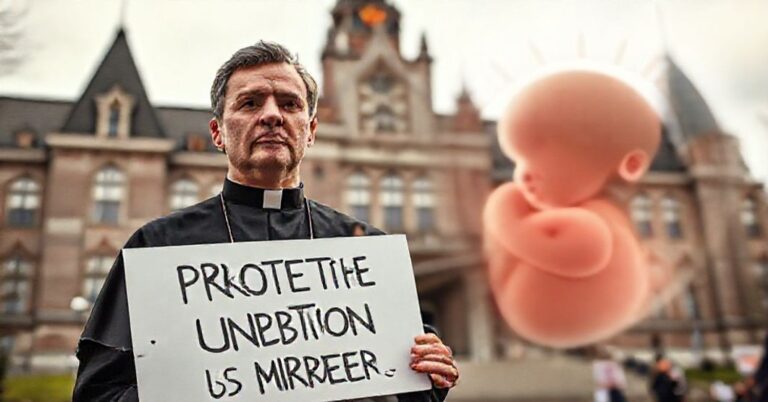 Maxime Bernier przed kanadyjskim parlamentem z transparentem "Ochronić nienarodzonego - aborcja to morderstwo", z niebieskimi niebem i halo wokło nienarodzonego dziecka.