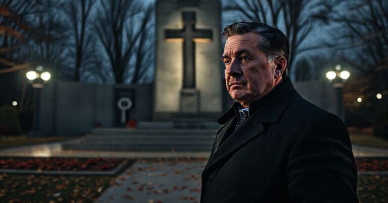 Maxime Bernier przed pomnikiem wojskowym w Kanadzie, symbolizującym upadek chrześcijańskiej tradycji